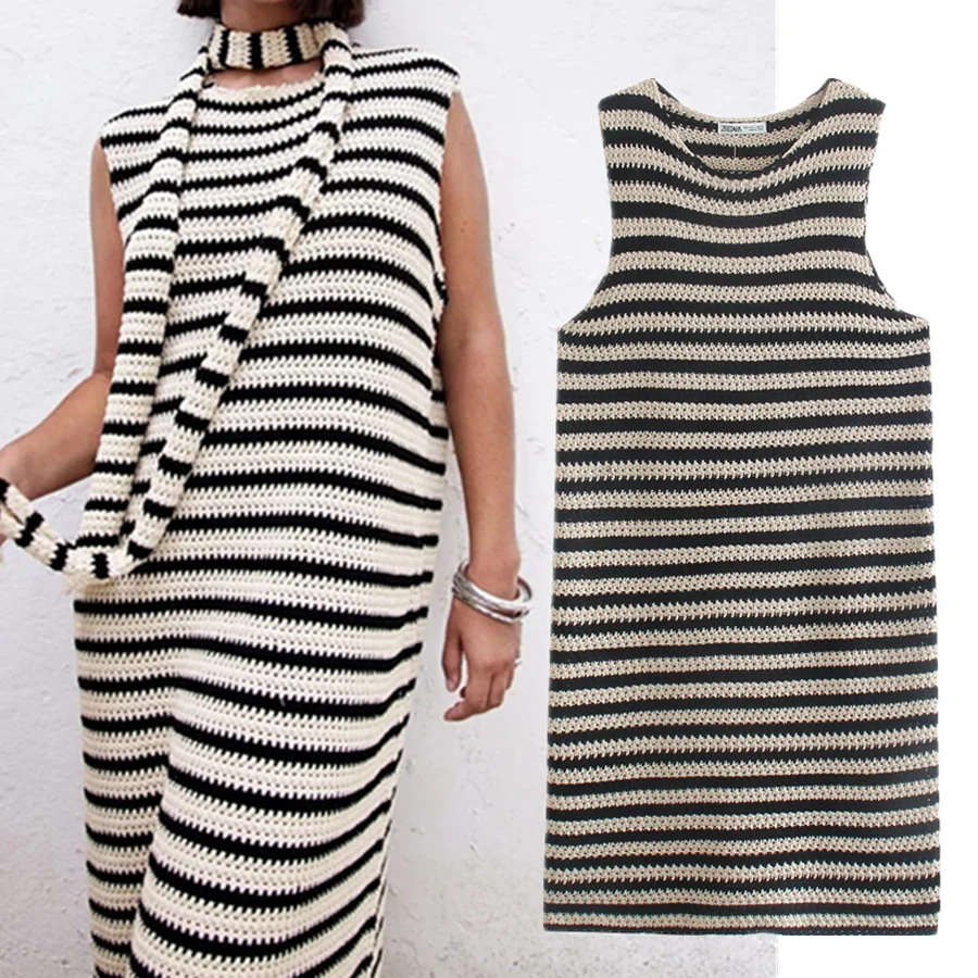 

Withered Vestidos De Fiesta De Noche Indie Folk Vintage Fashion Stripe Knitted Sleeveless Midi Dress Winter Dress Women Vestidos