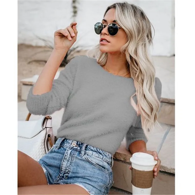 Taniafa Women Tops Mohair Blend Fuzzy Blouse Pullover Jumper Sweater Knitwear | Женская одежда