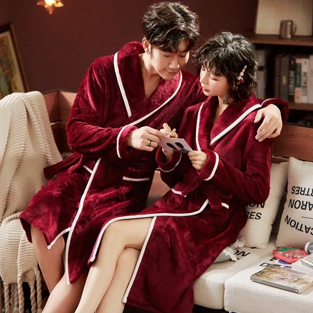 Couple Bathrobe Flannel Winter Warm Women's Kimono Robe with Sashes Fleece Long Sleeve Sleepwear Dressing Gown for Female 2023