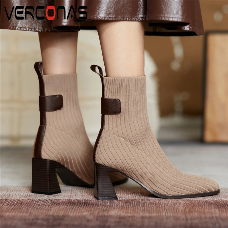 

VERCONAS/модные женские ботильоны; Новинка 2021 года; Сезон осень-зима; Вязаная обувь; Женские повседневные эластичные ботинки на толстом каблуке ...