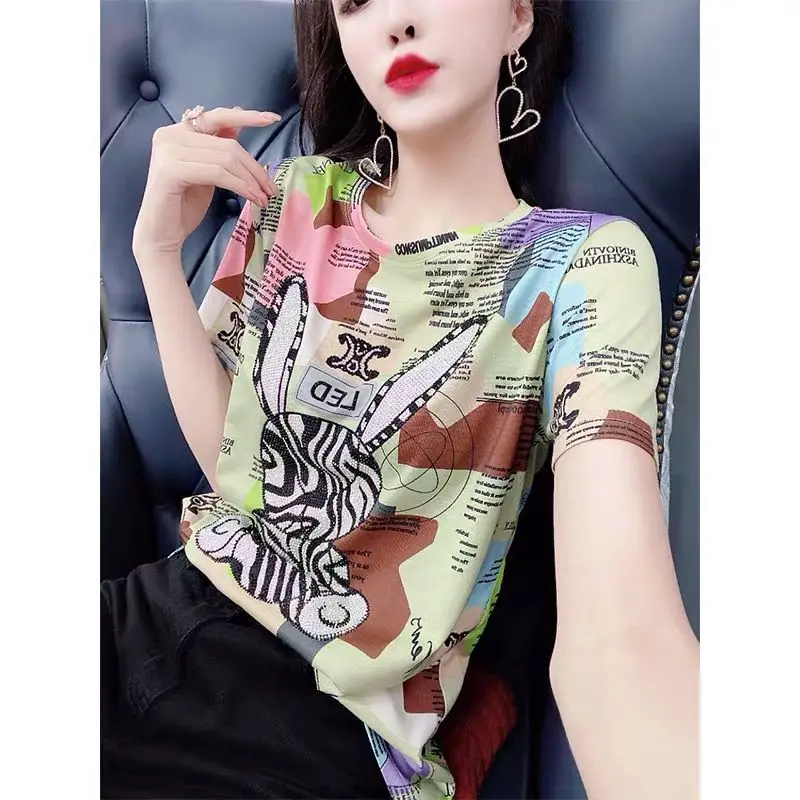 

Spring and summer new printing age reduction short sleeve T-shirt for women's slim top