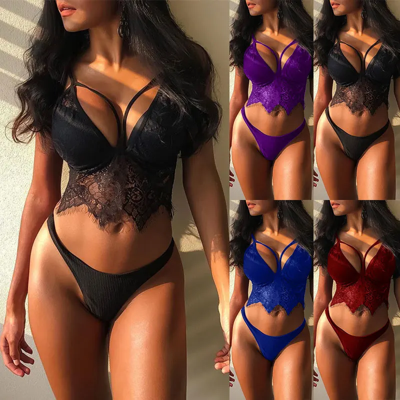 

1 Set Lace Lingerie Women Thin Underwear Set Triangle Push Up V Neck Bra Large Size Colorful Low Waist Panties Sexy Bra Set