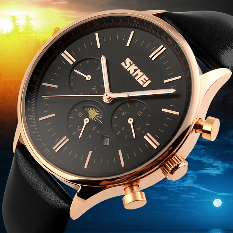 

SKMEI Fashion Business Quartz Watches Men Wristwatches 30M Waterproof Casual Leather Brand Casual Watch Relogio Masculino 9117