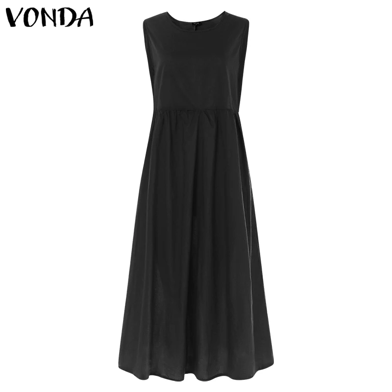 Черный Белое хлопковое длинное летнее платье VONDA размера плюс, сексуальное однотонное платье с круглым вырезом, винтажное повседневное свободное вечернее платье 5XL - Цвет: Черный