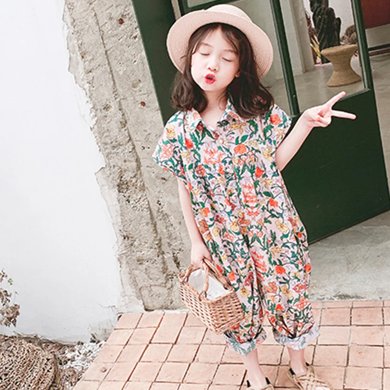 

Girls Jumpsuit 2021 Summer Floral Children Overalls Pant For Kids Harem Pants Korean Girls Palysuit