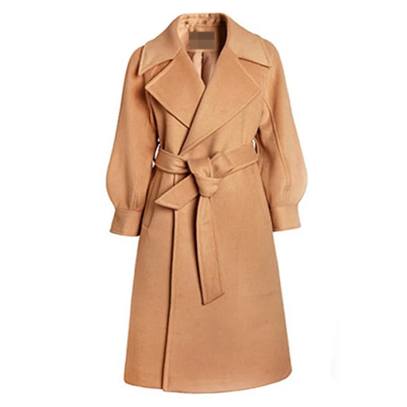 

Winter Wool Cashmere Caramel Coat Women Warm Outerwear Ladies Long Belt Trench Coats Elegant Female Office Wear Korean Clothing