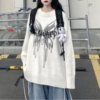 deeptown gothic streetwear butterfly print knitted sweater women korean style harajuku round neck oversize long sleeve jumper