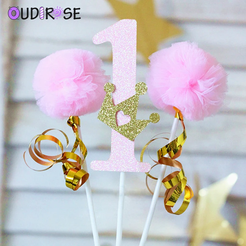 Девочки/мальчики 1 й Топпер для торта С Днем Рождения Корона Hairball лента кекс топ