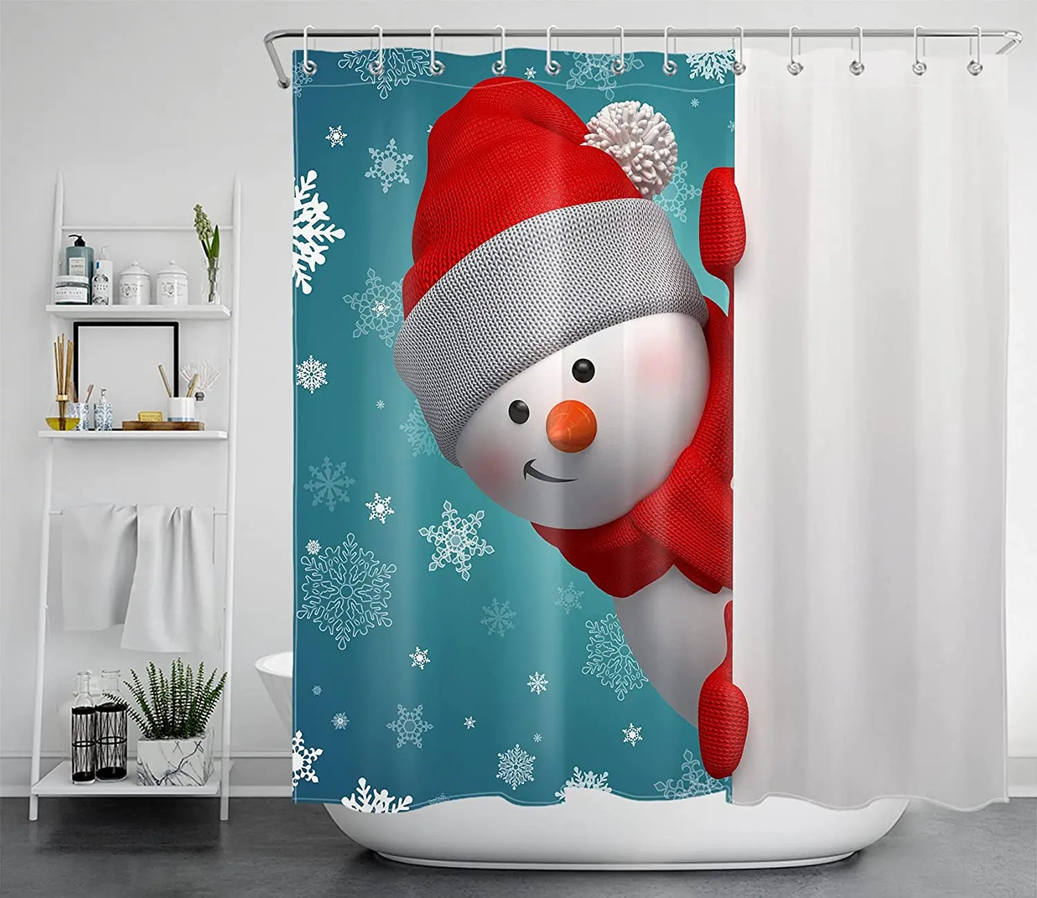 

Funny Christmas Shower Curtains Cute Snowman Wear Red Holiday Hat Scarf with Snowflakes on Blue Background Winter Bathroom Decor