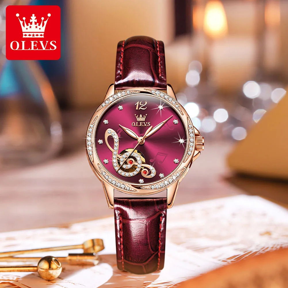 Enlarge OLEVS Original Luxury Watches for Women Automatic Mechanical Bracelet Gift Leather Wristwatch Dress Ladies Fashion Reloj Mujer