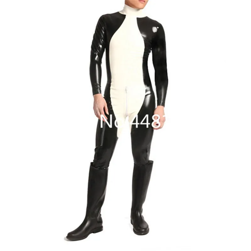 

Latex Tights Catsuit Back Zipper High Neck White with Black latex bodysuit for Men one piece lingerie no socks