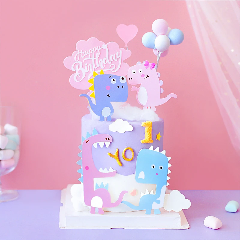 

Cake Decor Cartoon Balloons Pink Purple Dinosaur Happy Birthday Cake Topper Dessert Decoration