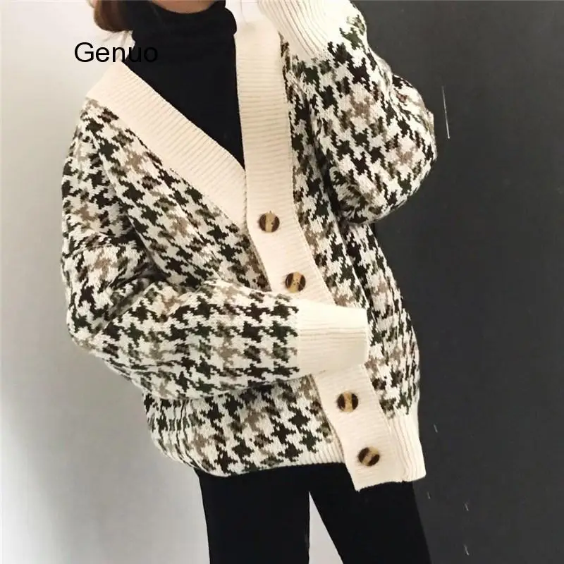 

New Autumn Plaid Cardigan, Women's Medium And Long Loose And Lazy Style Knitted Jacket, Korean Version Knitted Sweater