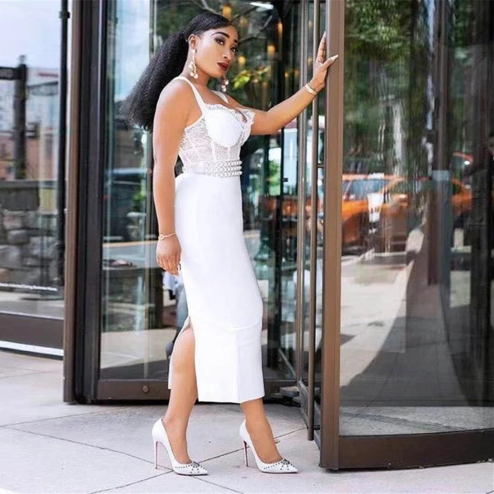 Элегантное белое платье Спагетти ремень Bodycon миди нарядные платья для свадьбы