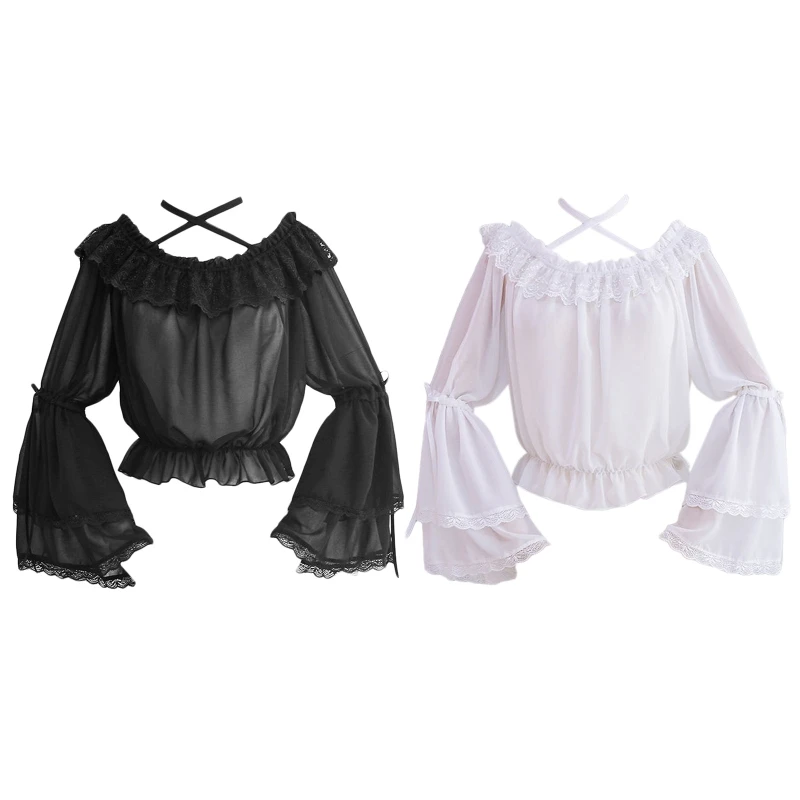

Women Chiffon Blouse Crop Top Flare Lace Long Sleeves Halter Neck Undershirt Frilly Ruffled Off Shoulder Shirt L5YB