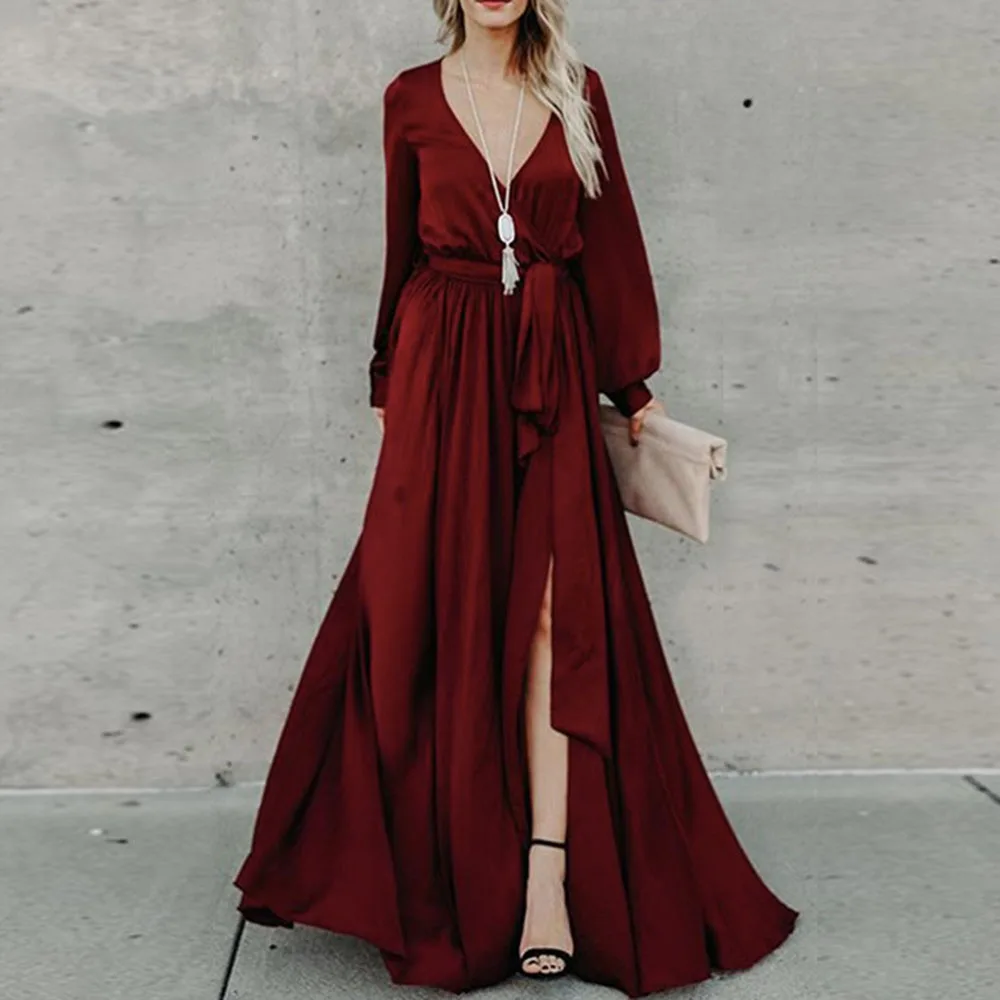 Женское платье макси летнее с длинным рукавом Сексуальное Красное длинное v