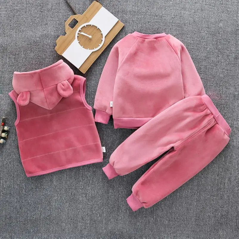 Children's suit winter clothes baby boy Velvet warm girl cartoon cute plus velvet thick hooded sweater three-piece | Детская одежда