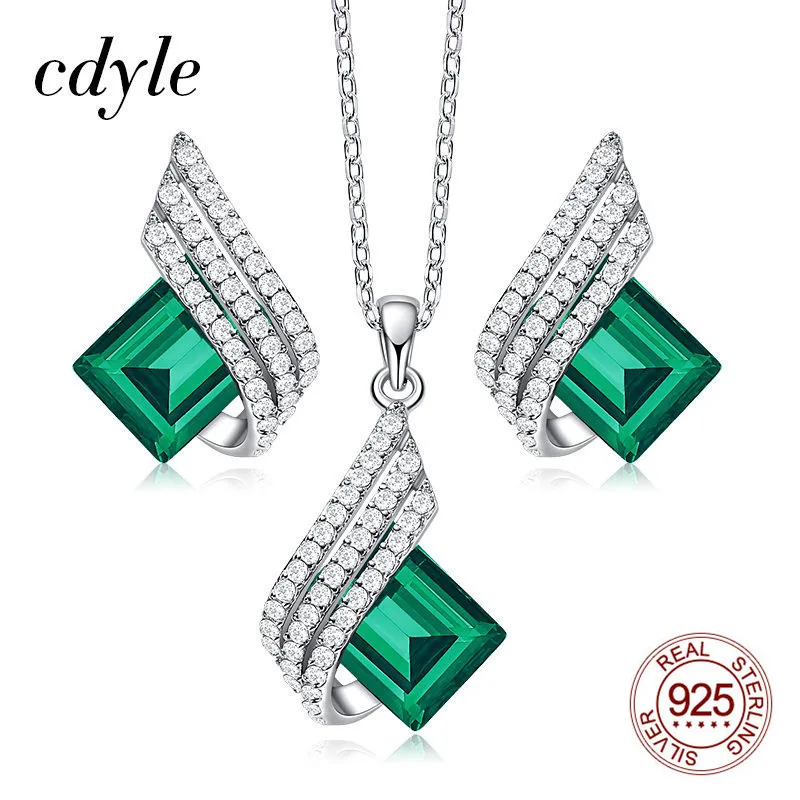 

Cdyle Fashion Women Jewelry Set Green Stone Clear Cubic Zirconia CZ Flying Wings Stud Earrings Necklace Silver 925 Sterling