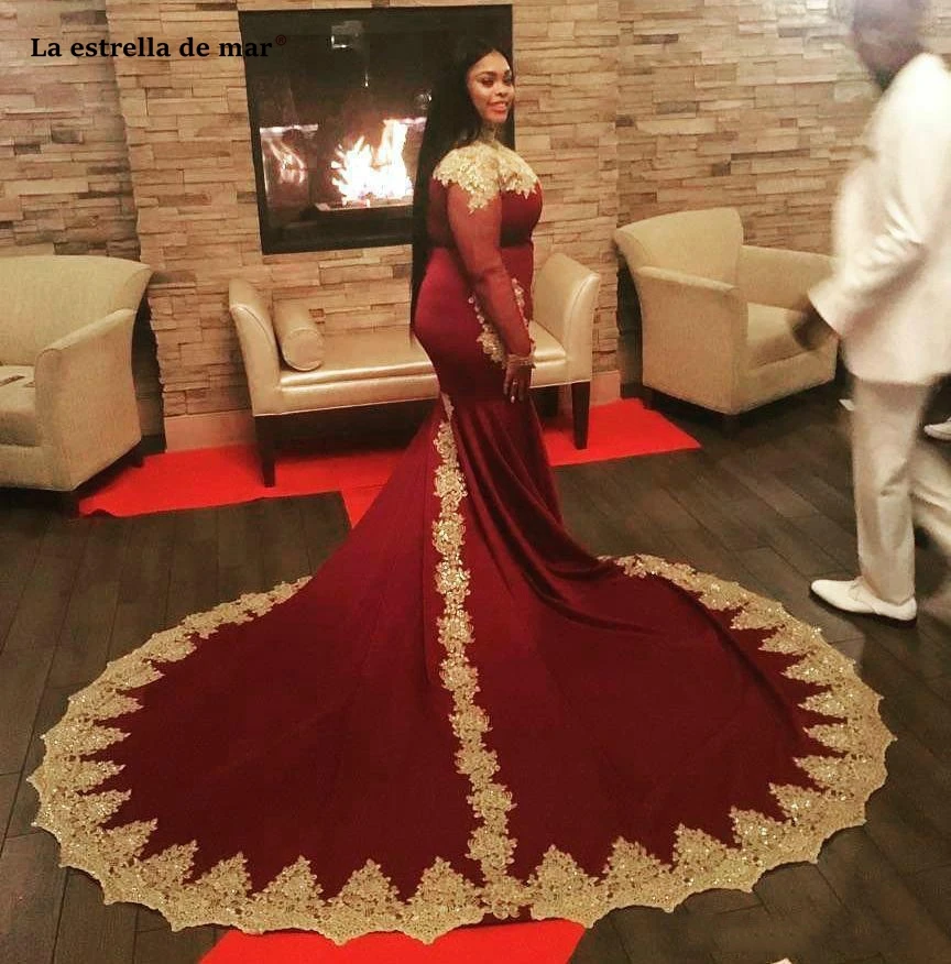 

Gold Appliques Prom Dresses Burgundy High Neck Mermaid Evening Gowns Vintage Long Sleeves Black Girls Saudi Arabic Dubai Party