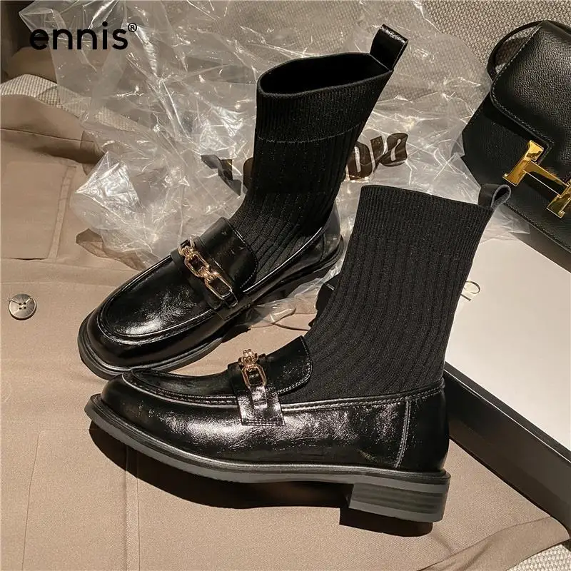 

ENNIS Womens Shoes Autumn 2021 Genuine Leather Ankle Boots Low Heel Knitted Stretch Boots Round Toe Loafers Casual Shoes New