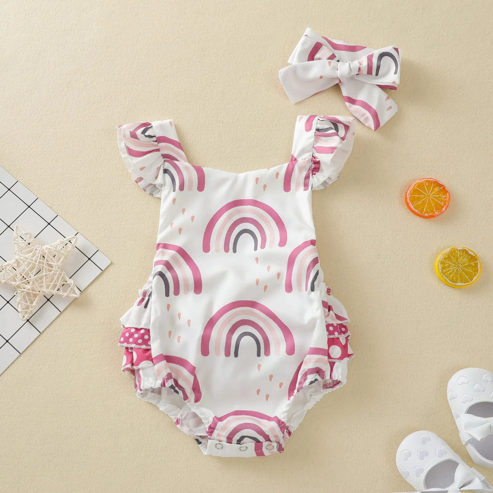 

Yg Baby Clothing 2021 Summer New Printing Triangle Jumpsuit Girl's Hairband Short Creeper 0 To 3 Years Old Newborn Bodysuit