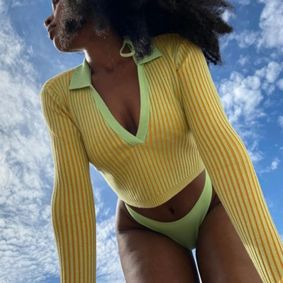 

2021 Y2k Clothes Womens Sweater Pullover Green Sexy Slim V-neck Short Cropped Pullover Knitted Top Fall Sweaters for Women