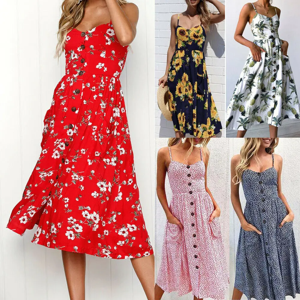 

Модные женские сексуальные кнопки печати с открытыми плечами без рукавов миди платье