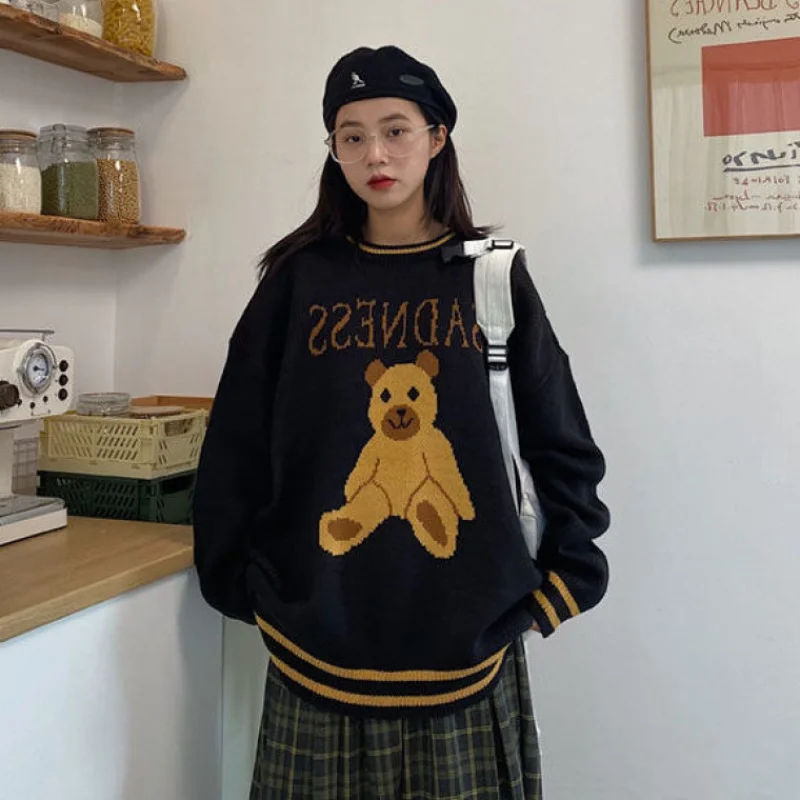 

Korean Style Cartoon Bear Women Sweater Round Neck Hip-hop Autumn and Winter Sweater Female Students Lazy Loose Knitted Sweater