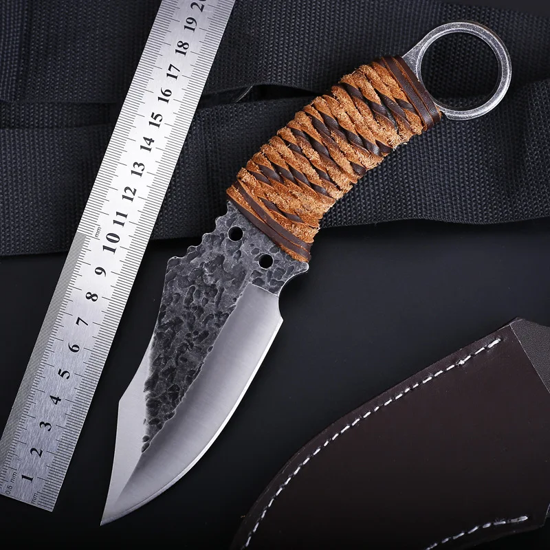 

Hysenss Fixed Blade Knife Stained Blade Leather Handle Outdoor Tactical Camping Hunting Survival Pocket Knife with Sheath