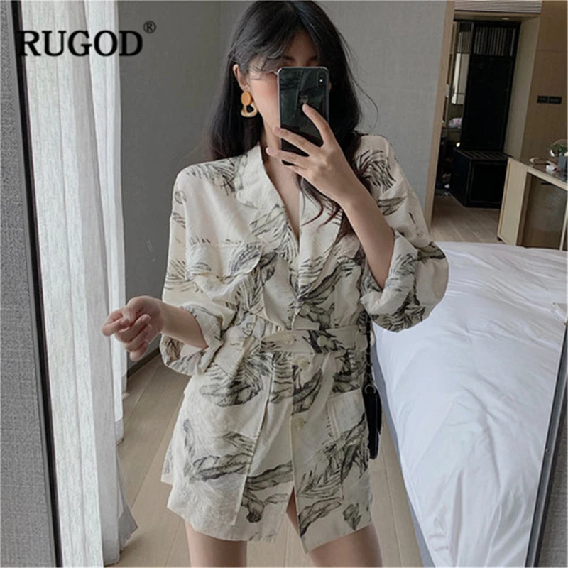 RUGOD New Women Thin Blazers Cotton And Linen Pockets Casual Coat Stylish Print Oversize Tunic Blazer Buttons Temperament