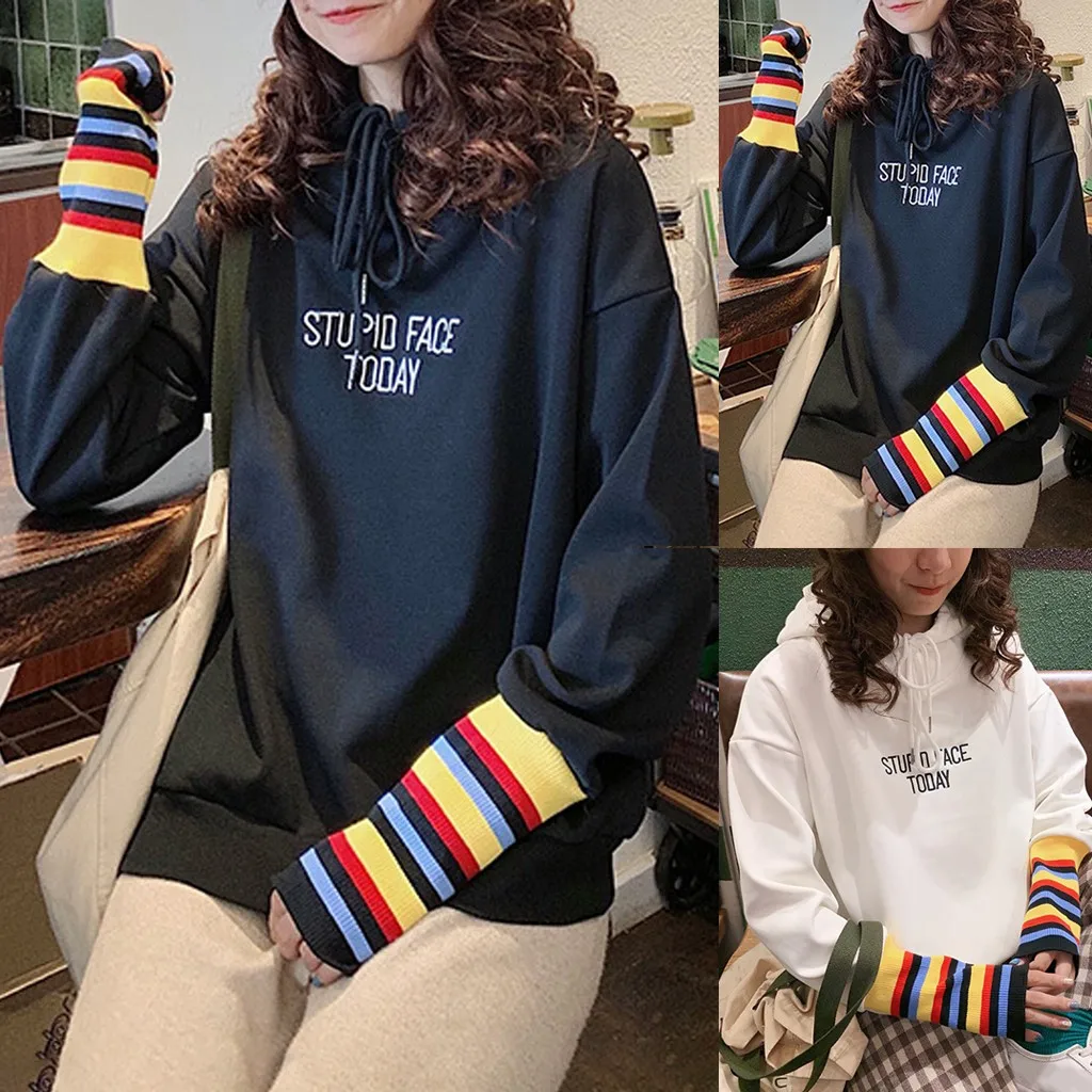 Толстовки женские зимние радужные с длинным рукавом буквенным принтом капюшоном