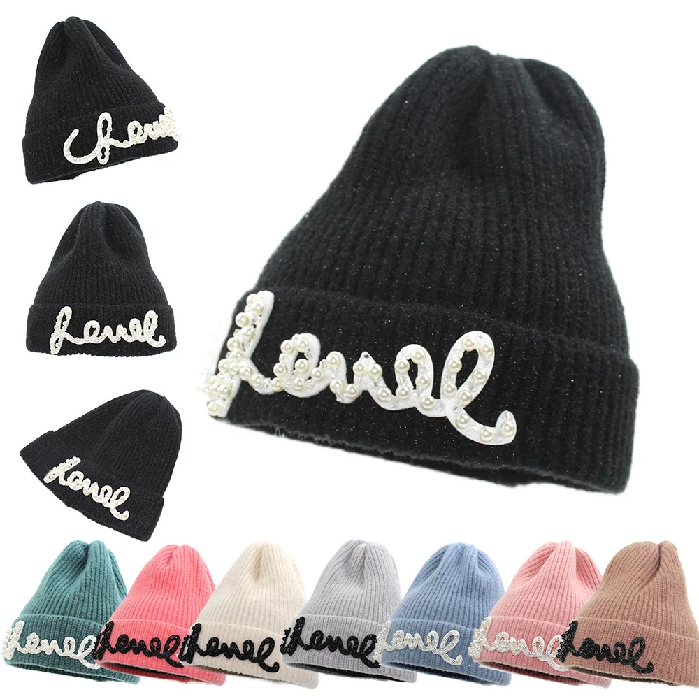 

New Men Women Korean Knit Hat Autumn and Winter Warm Thick Pearl Letters Pure Color Hat