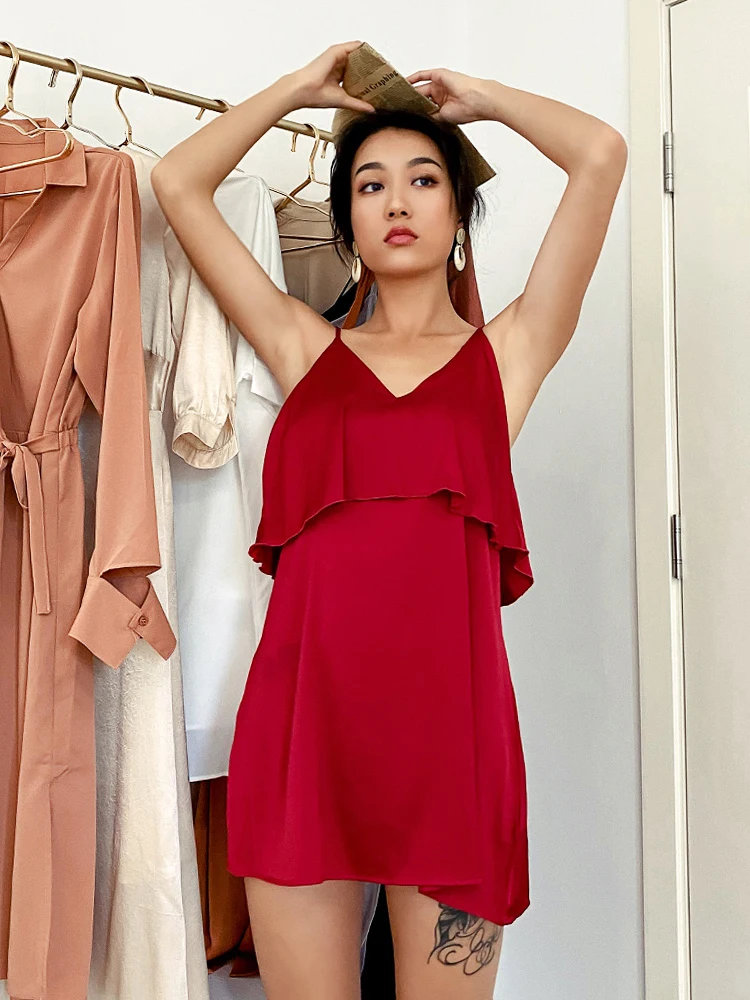 

Daoge Sexy Pajamas Women's Red Ruffle V-neck Backless Temperament Suspender Nightdress Short Home Clothes Summer