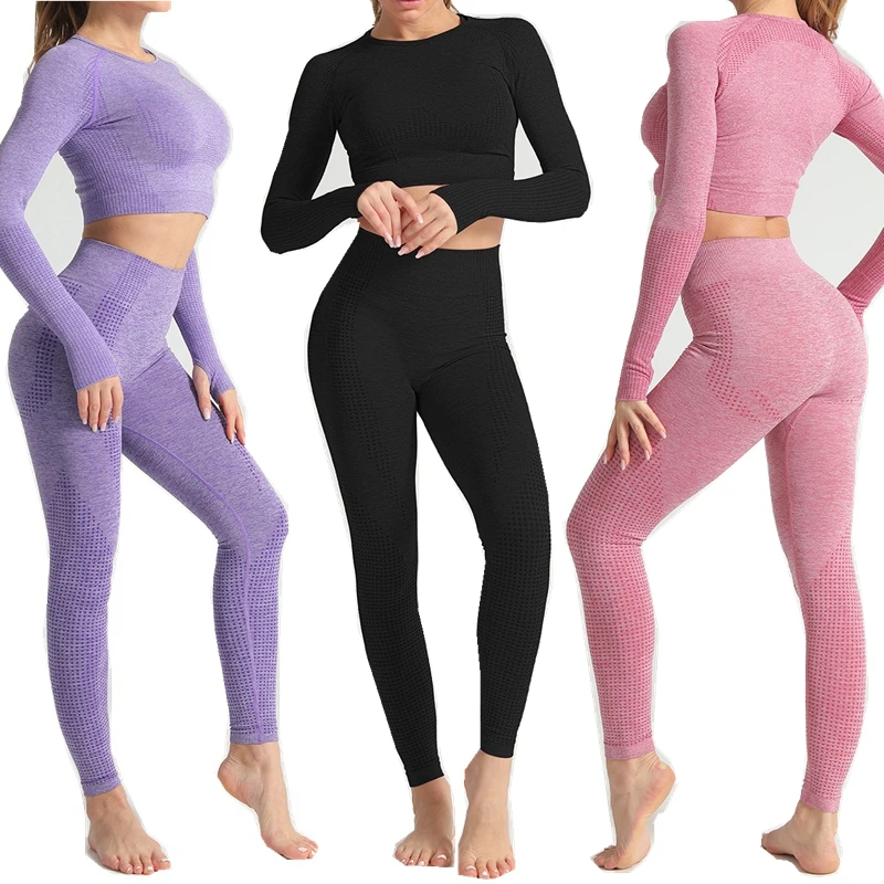 

Women Seamless Yoga Sets Fitness Sports Suits GYM Clothing Long Sleeve Shirts High Waist Running Leggings Workout Pants Tops