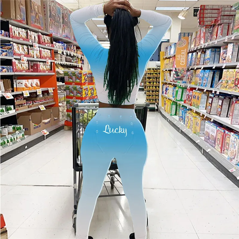 

Gradient V-neck Sexy Women's Set Pajama Sets Long Sleeve T-shirt Letter Embroidery Sleepwear Butt Flap Pants Leggings