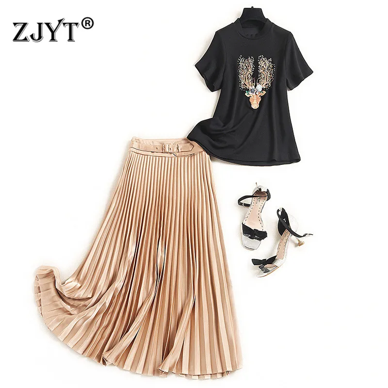 

Elegant Lady Summer Casual Two Piece Outfits Women Designers Short Sleeve Embroidery TShirt and Midi Pleated Skirt Suit Sets