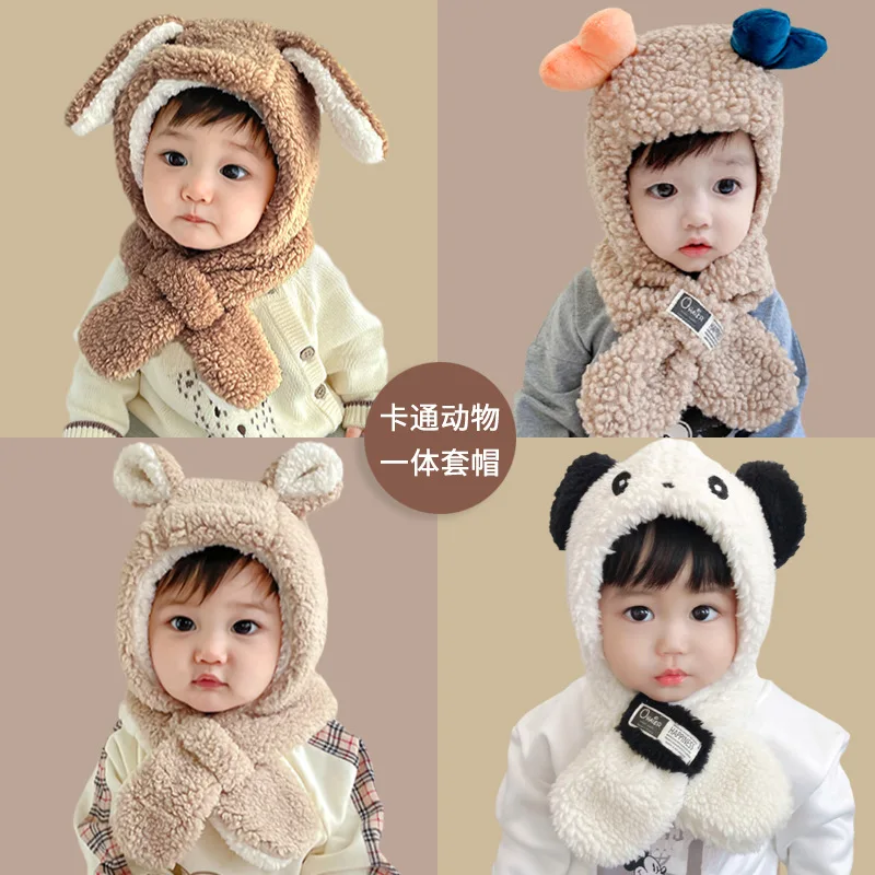 

Многоцветная зимняя теплая шапка для маленьких девочек и мальчиков с милым медведем и кроликом, новый стиль, шарф с капюшоном, детские шапки...