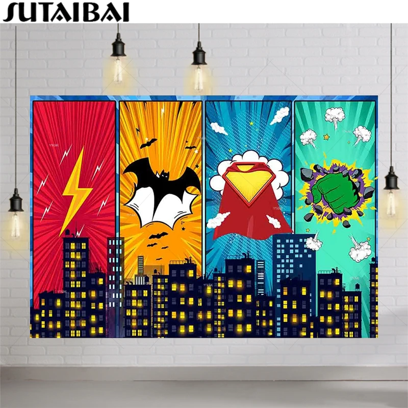 

Superhero Backdrop Cityscape Buildings Birthday Party Baby Shower Newborn Kids Dessert Table Decor Photography Background Studio