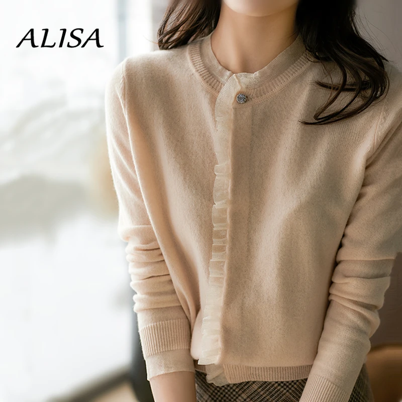 

Женский элегантный кардиган цвета хаки, свитер на весну и осень, сетчатый вязаный джемпер в стиле пэчворк с длинным рукавом, Женские Повседн...