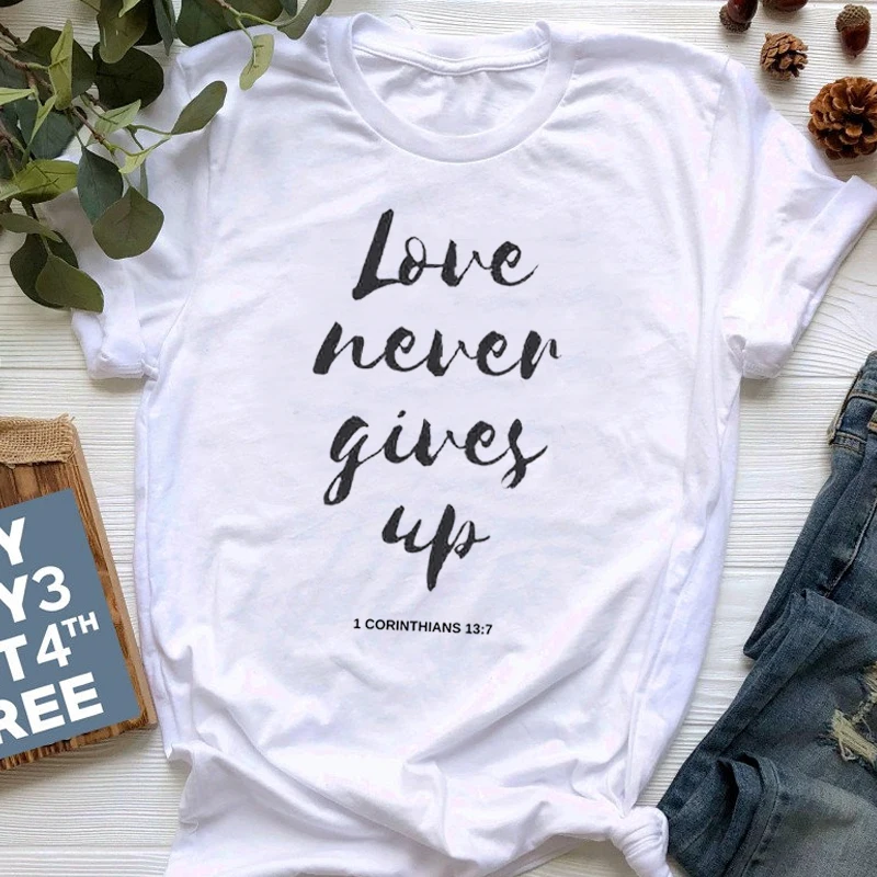 Женская футболка с надписью Love Never Give Up из чистого хлопка|Футболки| |