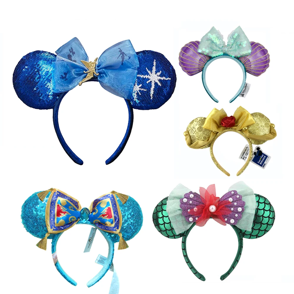 Diadema con orejas de Minnie de dibujos animados para adultos y ni&ntilde;os, diadema de felpa de sirena, Princesa, con lazos grandes de lentejuelas, para disfraz, regalo-0