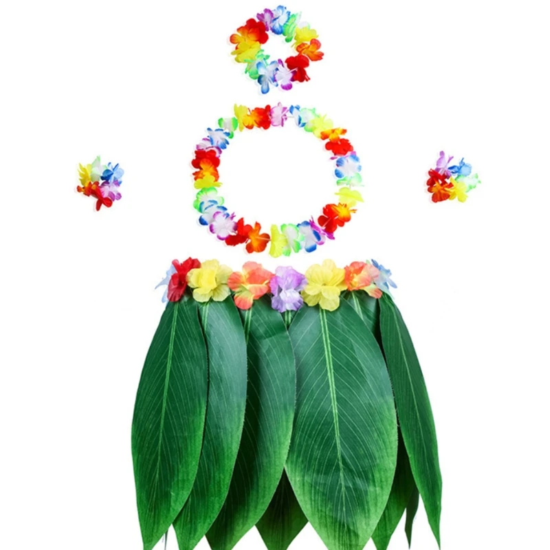 

Leaf Skirt Hawaiian Hula Grass Skirt with Flower Leis Luau Party Dress Outfits Stage Costume for Women Girls Men