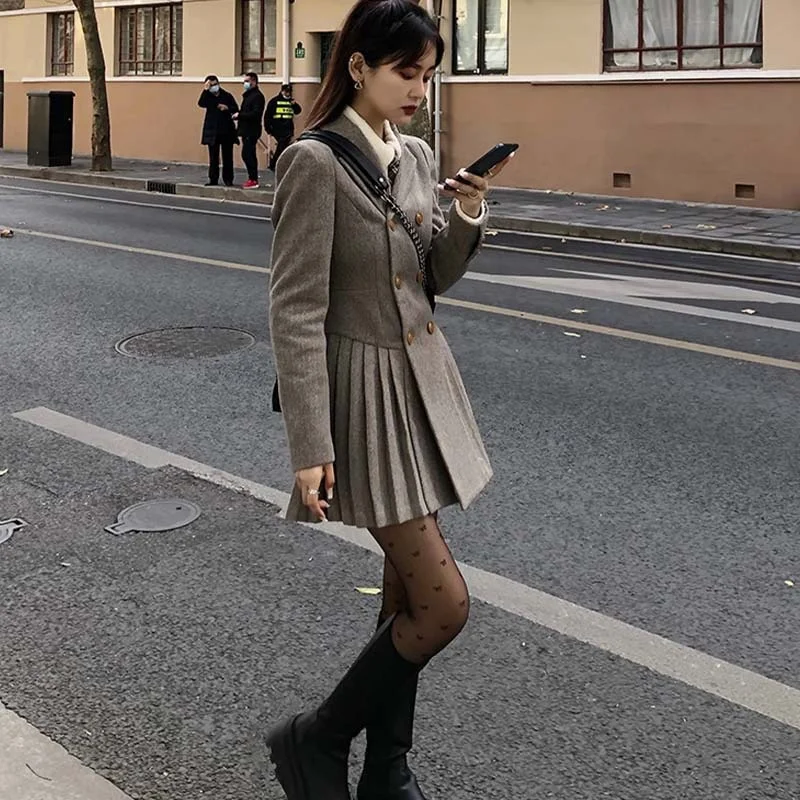 

Женский костюм с плиссированной юбкой, двубортный костюм в корейском студенческом стиле для осени и зимы, новое маленькое модное платье