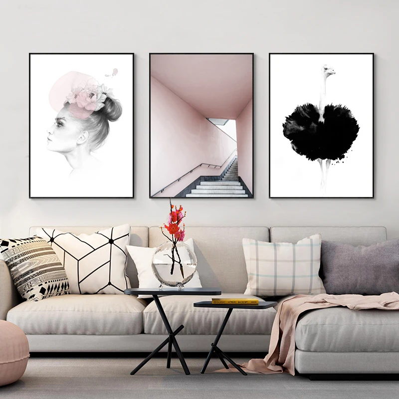 Креативная розовая лестница строительный персонаж Страус холст печать картина