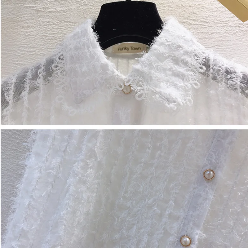 

LIBERJOG Women Shirts Fluff Chic Elegant Long Sleeve Turn-down Collar Skinny Jacket Sexy Female Top Spring Summer Blouse