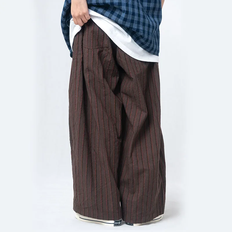 Male Women Hip Hop Wide Leg Cargo Pants Men Elastic Waist Japan Streetwear Cotton Linen Vintage Loose Casual Stripe Trousers | Мужская