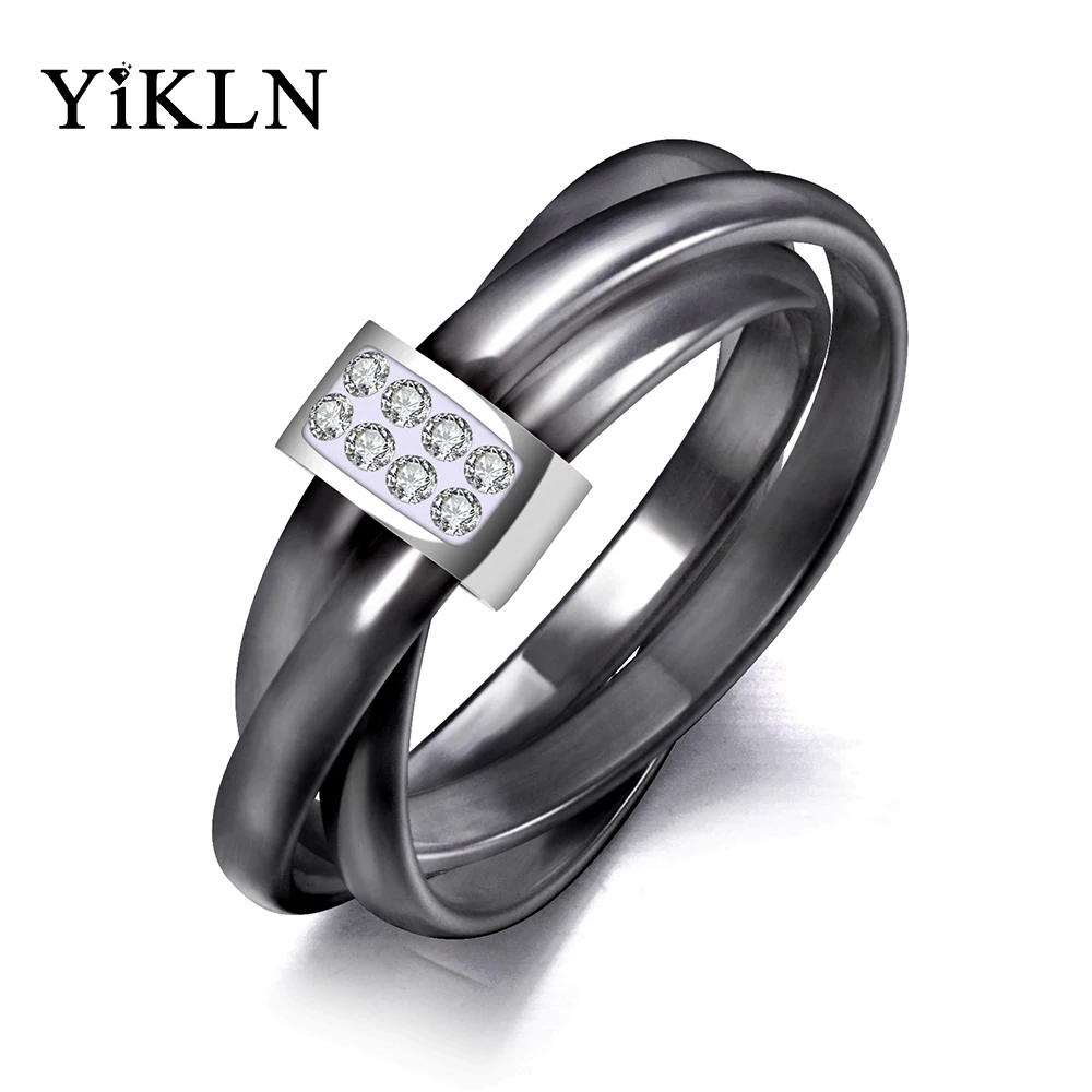 YiKLN Exclusive 3 Layers Black/White Ceramic Crystal Wedding Rings Jewelry Rose Gold Stainless Steel Rhinestone Ring YR19066 | Украшения и