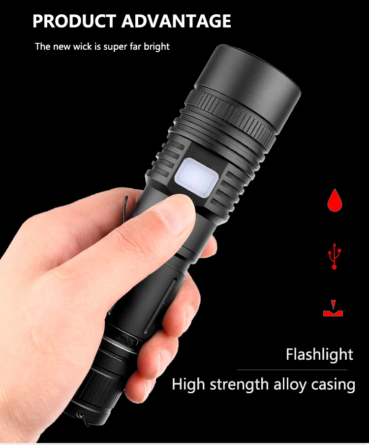 LED Flashlight XHP50.2 Powerful Flashlight USB Rechargeable Torch Zoom LED Torch Waterproof Flashlight by 18650 Battery