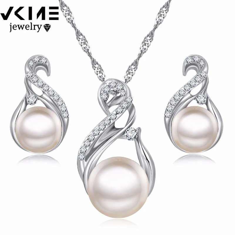 

VKME Trendy Jewelry Sets Wedding Silver Color Earrings Simulated Pearl Jewelry Set Women Necklace Set Bijoux collier brincos
