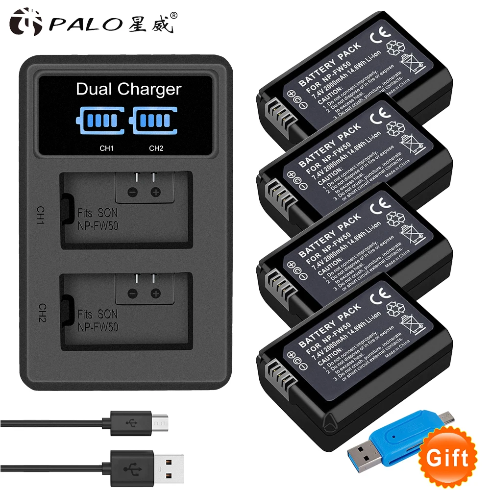 PALO 4 шт. NP-FW50 NPFW50 батарея для камеры FW50 2000mAh 7,4 V+ светодиодный двойной зарядное устройство для sony a6500/6300 A7SM2 RX10 II NEX-3/3N/5C/5 T/CD